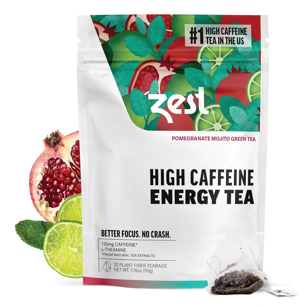 ZEST Energy Green Tea packaging showing 20 pyramid bags for clean caffeine boost