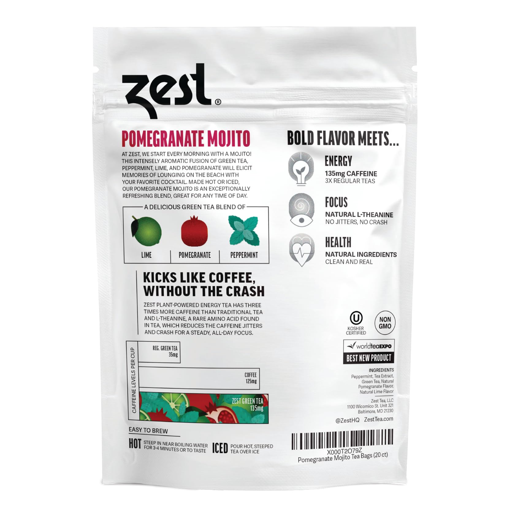 Close-up of pyramid tea bags releasing pomegranate mojito aroma