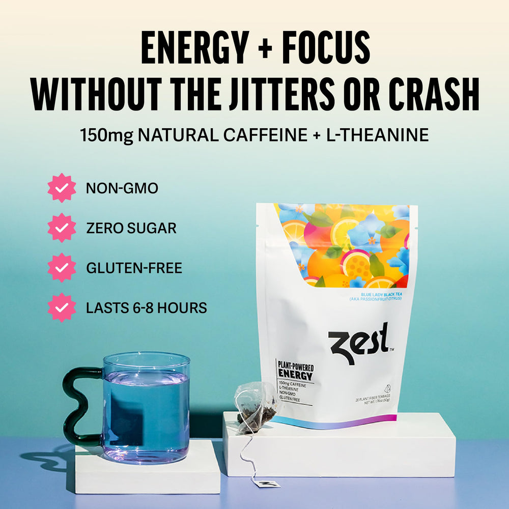 ZEST Blue Lady pyramid bags close-up for bold flavor.