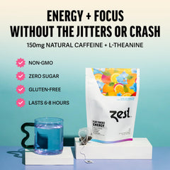 ZEST Blue Lady pyramid bags close-up for bold flavor.