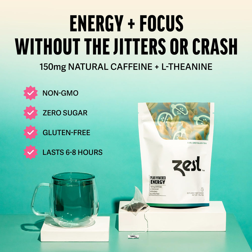 ZEST Earl Grey energy tea steaming cup emphasizes bergamot flavor and focus