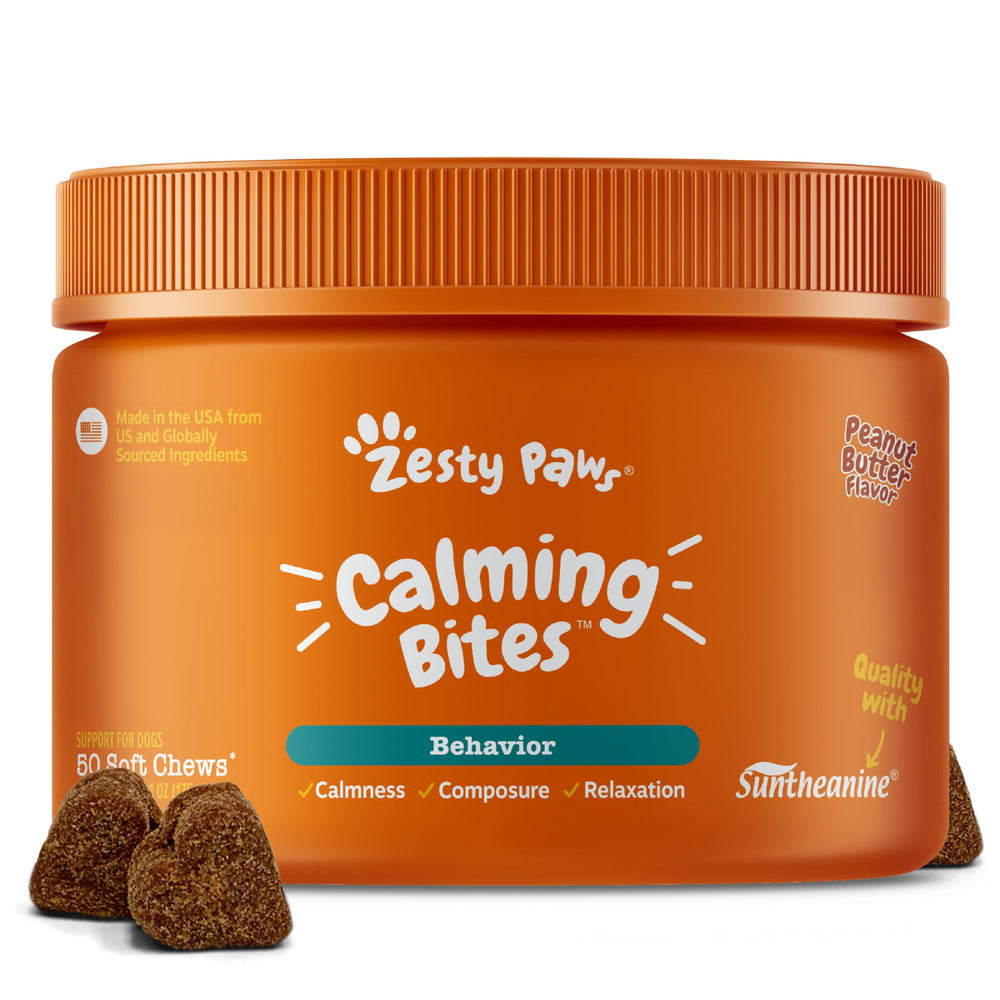 Zesty Paws Calming Chews tin close-up showing soothing texture for daily stress support.