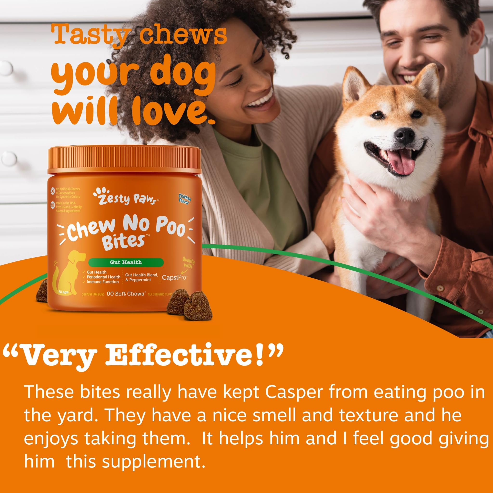 Zesty Paws Chew No Poo Bites dental care blend supports fresh breath.