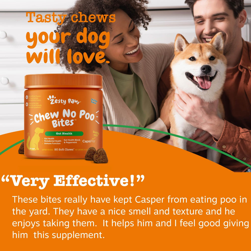 Zesty Paws Chew No Poo Bites dental care blend supports fresh breath.