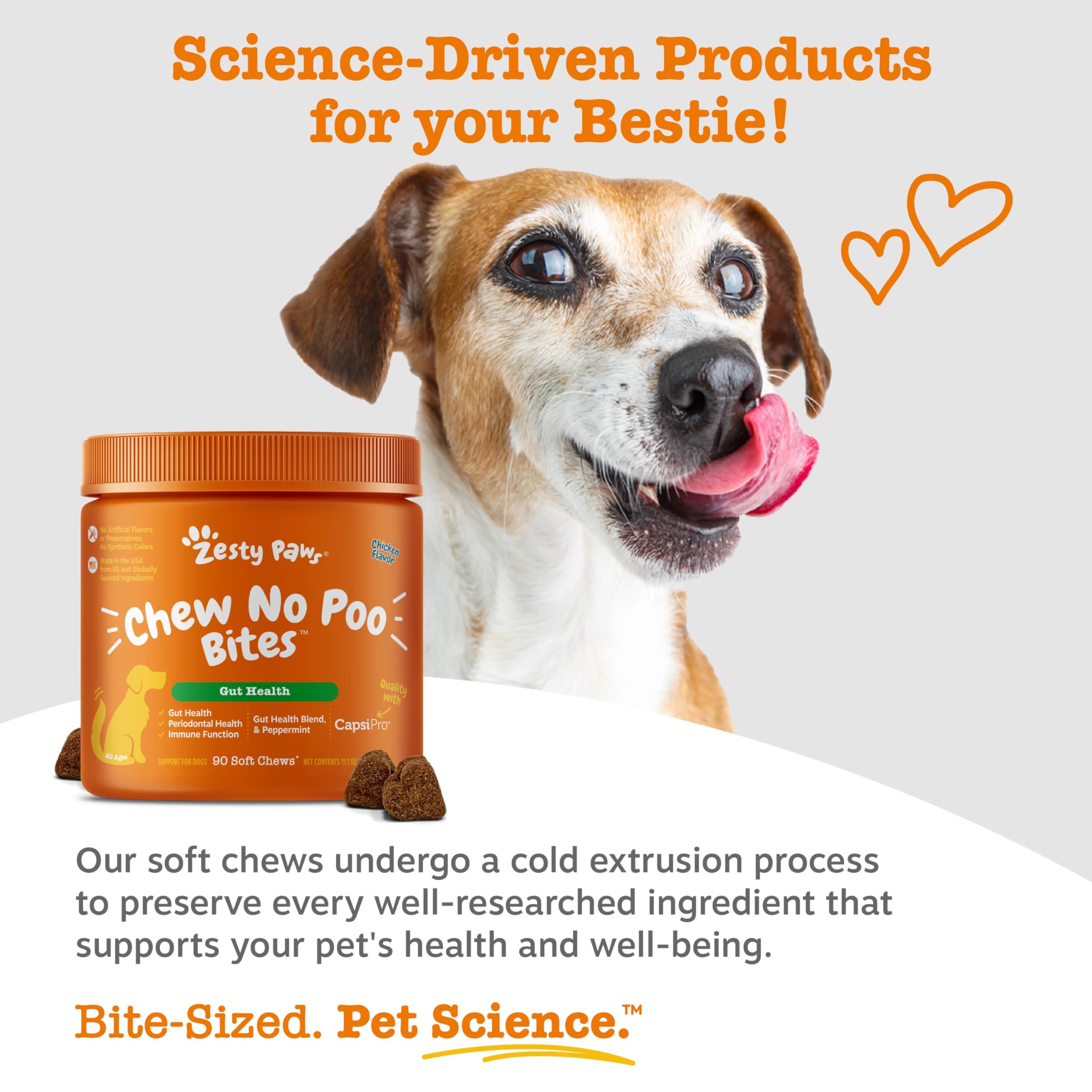 Zesty Paws Chew No Poo Bites probiotic blend promotes balanced digestion.