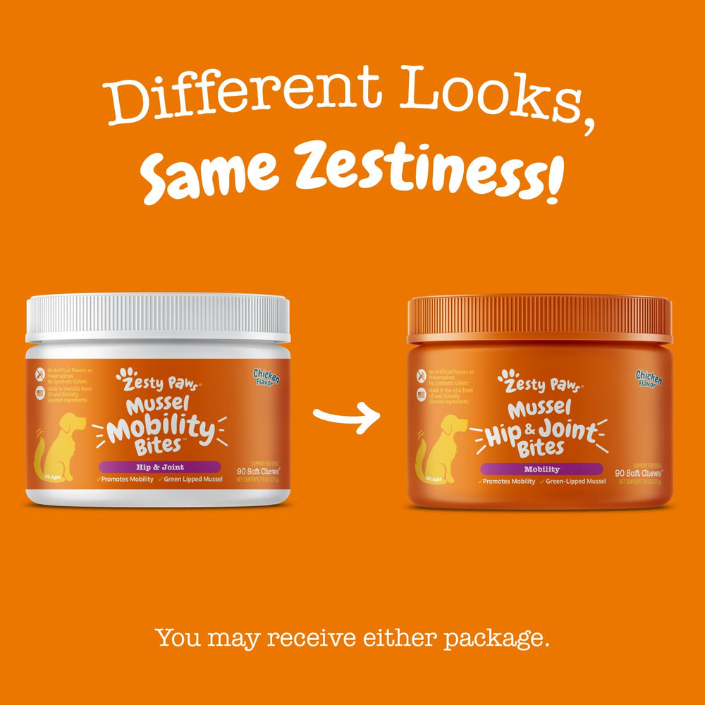 Zesty Paws chicken-flavor mussel bites chews appealing to dogs.