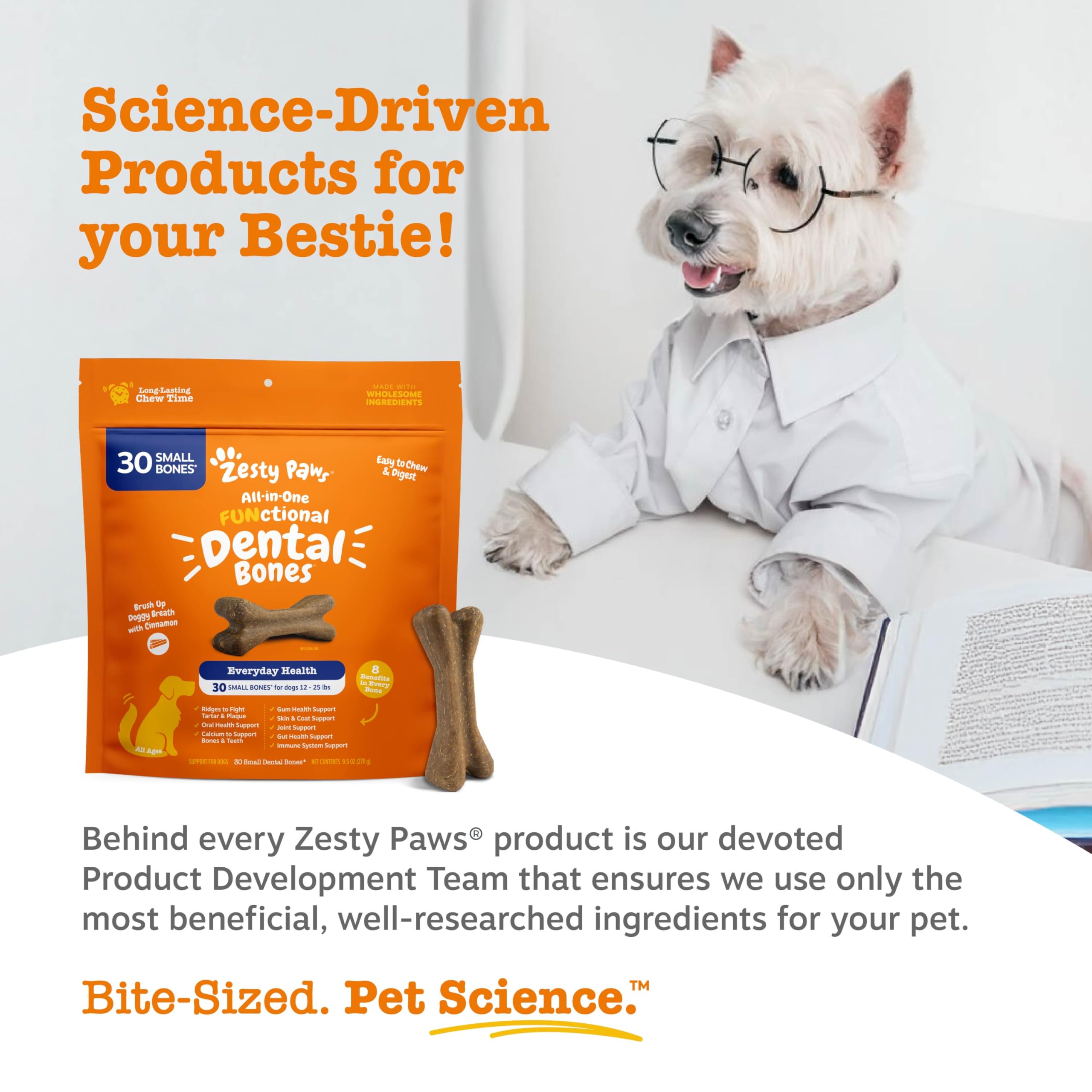 Zesty Paws Dental Bones 28-count package for ongoing small-dog dental care.