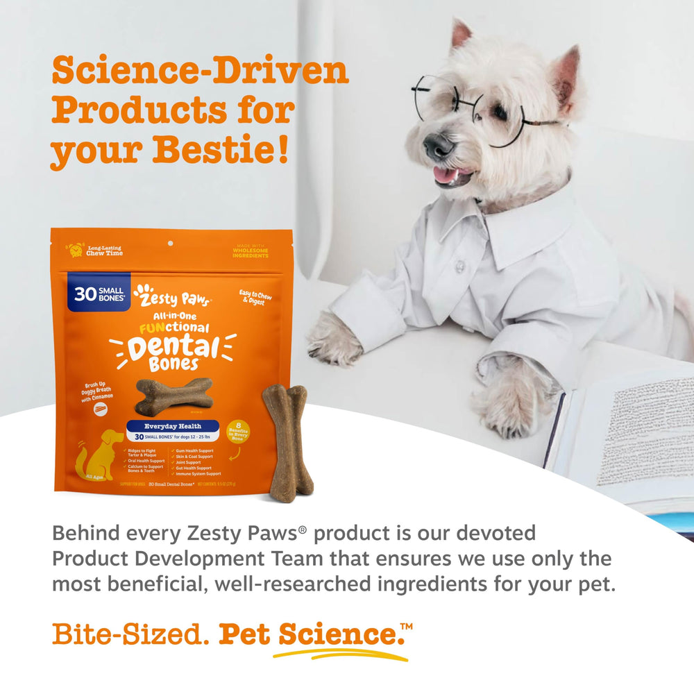 Zesty Paws Dental Bones 28-count package for ongoing small-dog dental care.
