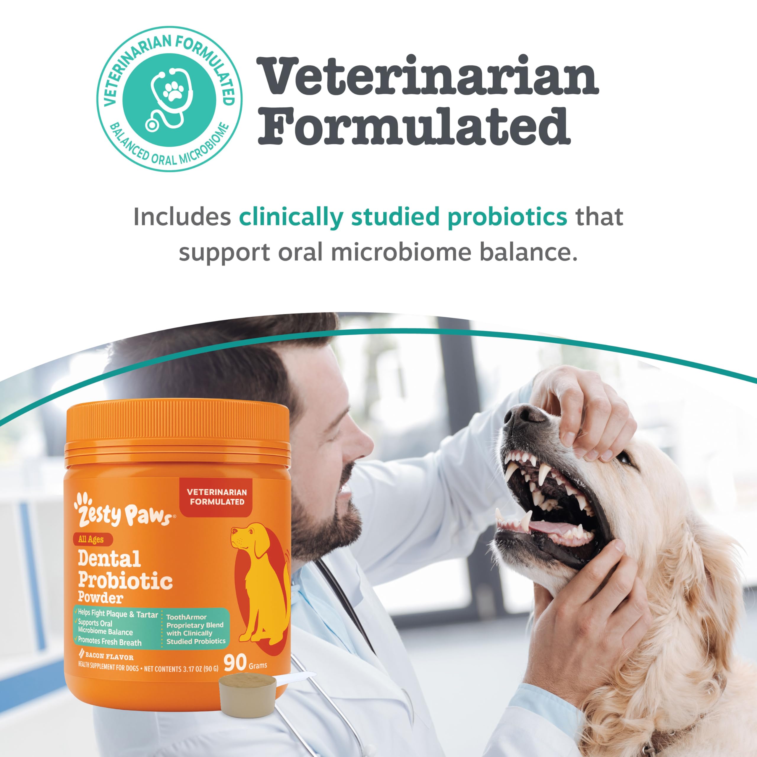 Zesty Paws dental powder being mixed with kibble for easy topping.