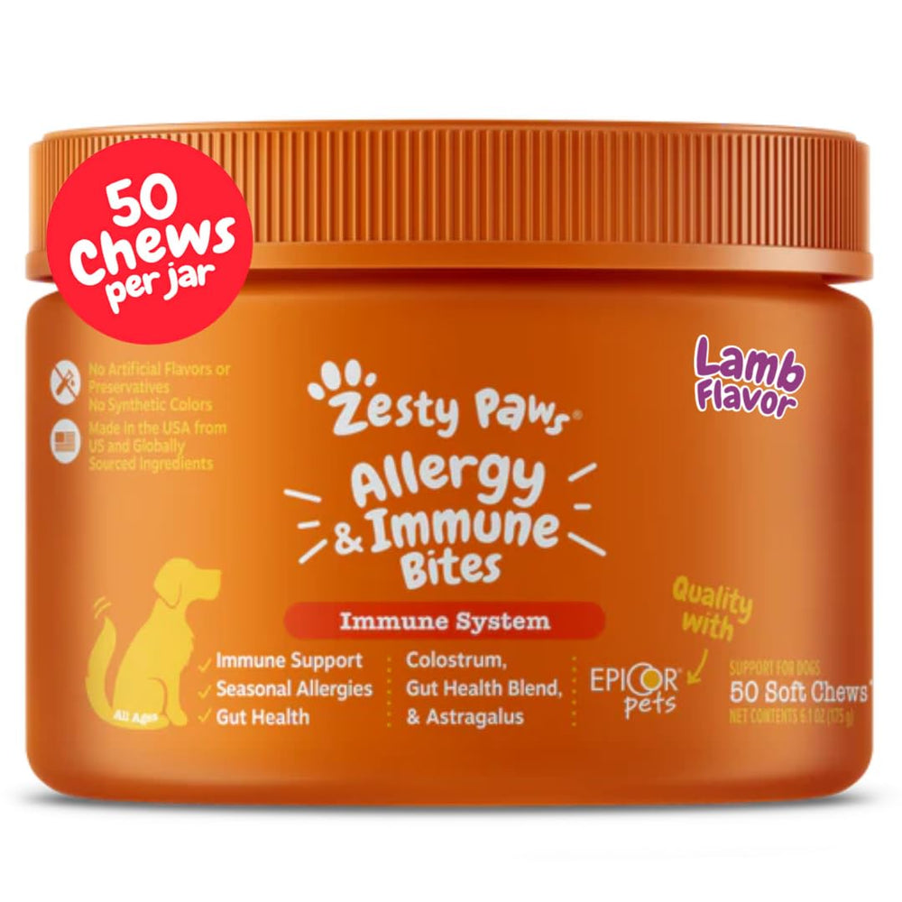 Zesty Paws dog allergy relief chews bottle highlighting digestion support