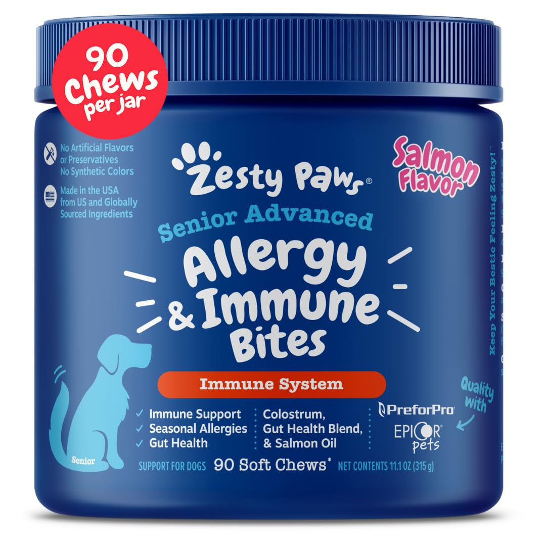 Zesty Paws Dog Allergy Relief soft chews in bottle highlighting skin support and seasonal relief.