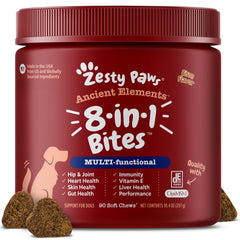 Zesty Paws dog multivitamin bottle front highlights immune support and joint health.