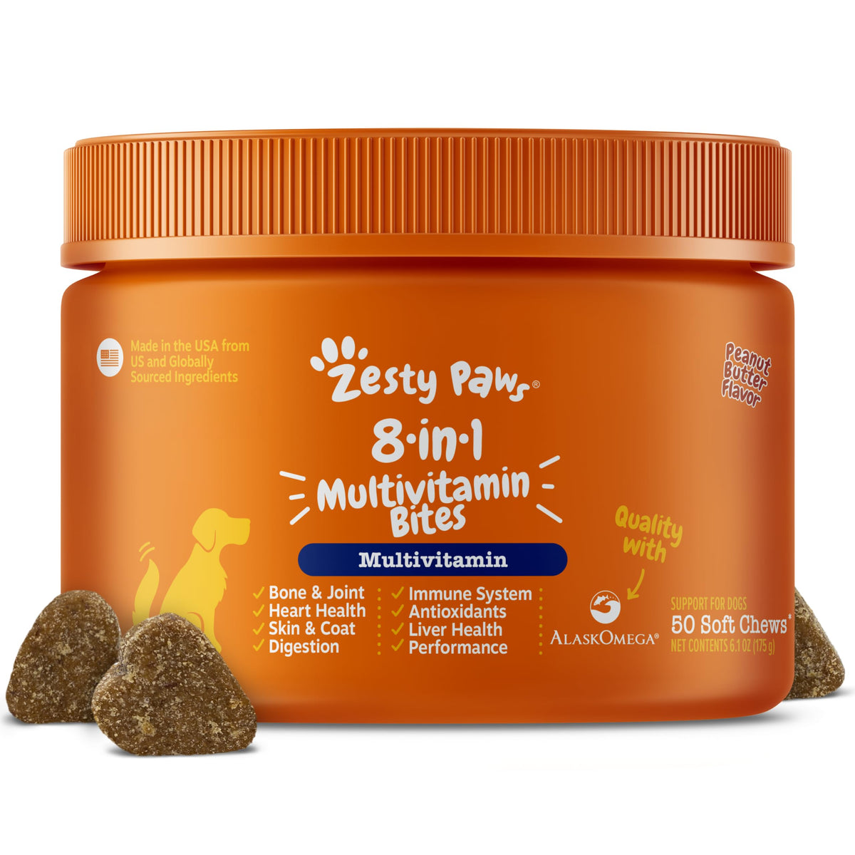 Zesty Paws dog multivitamin bottle showing all-in-one care for hips, skin, and immune support