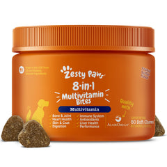 Zesty Paws dog multivitamin bottle showing all-in-one care for hips, skin, and immune support