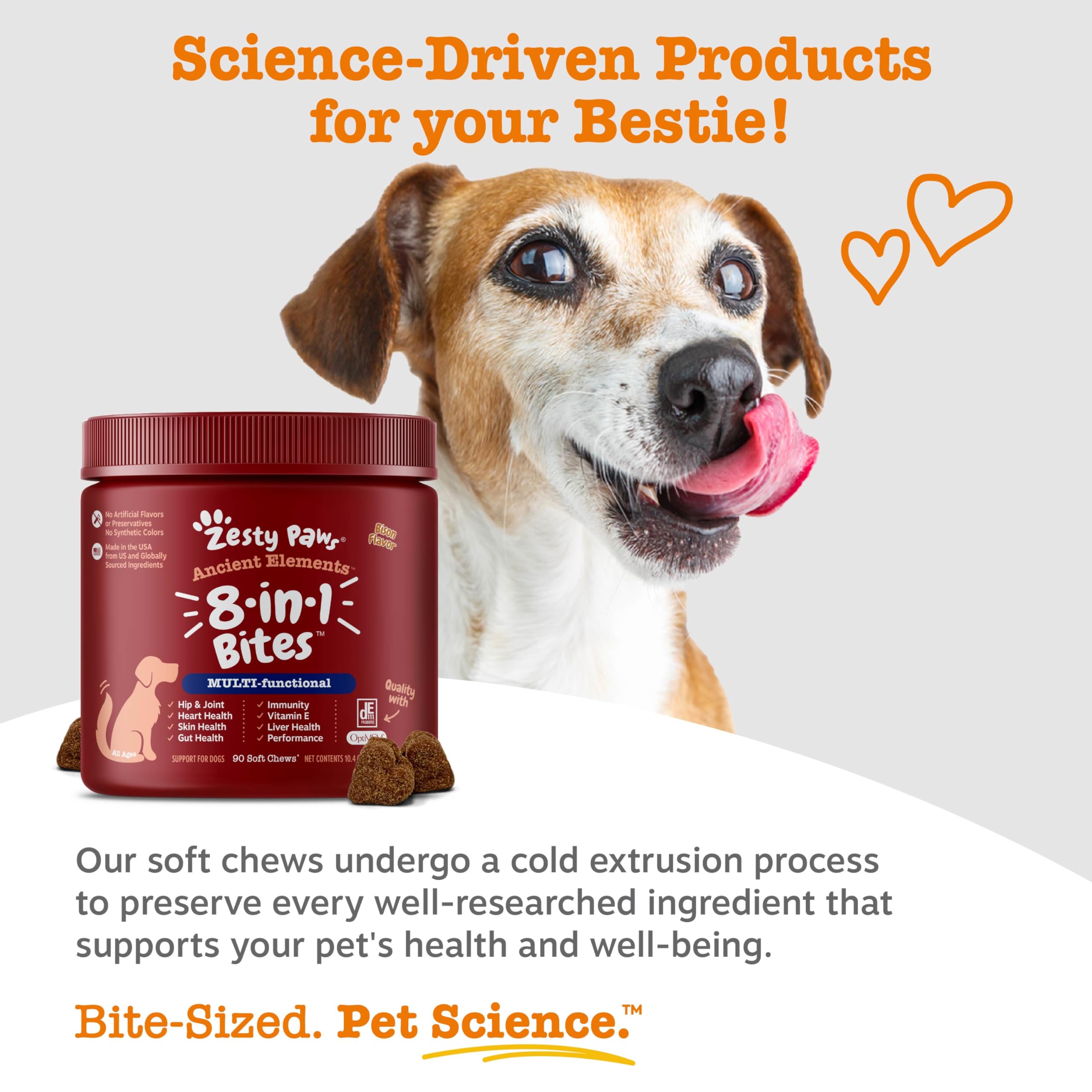 Zesty Paws dog multivitamin digestive health image shows six-strain gut blend.