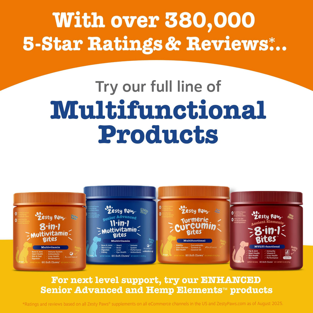 Zesty Paws dog multivitamin heart and immune section features CoQ10 and omega-3 content.