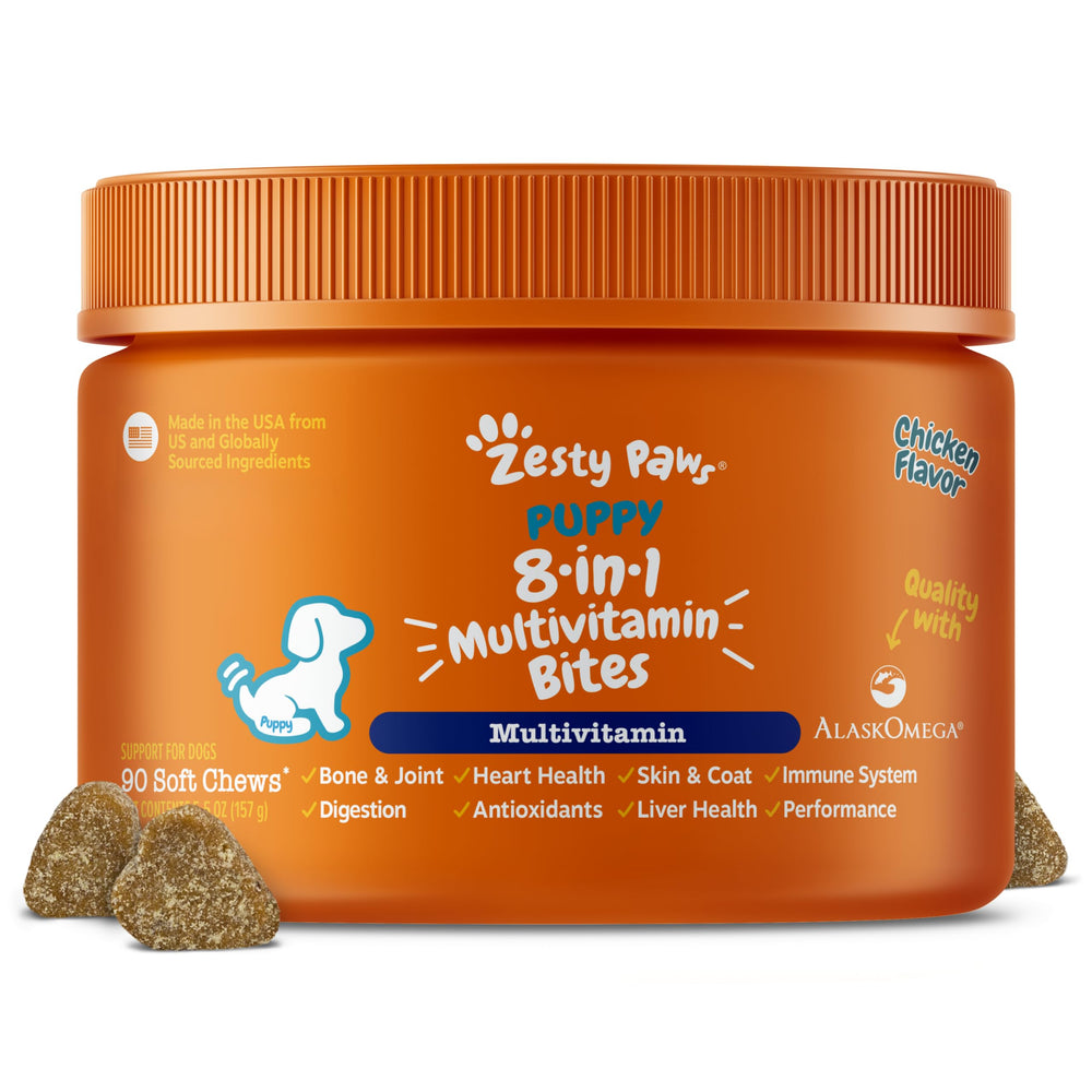 Zesty Paws dog multivitamin packaging close-up for overall wellness.