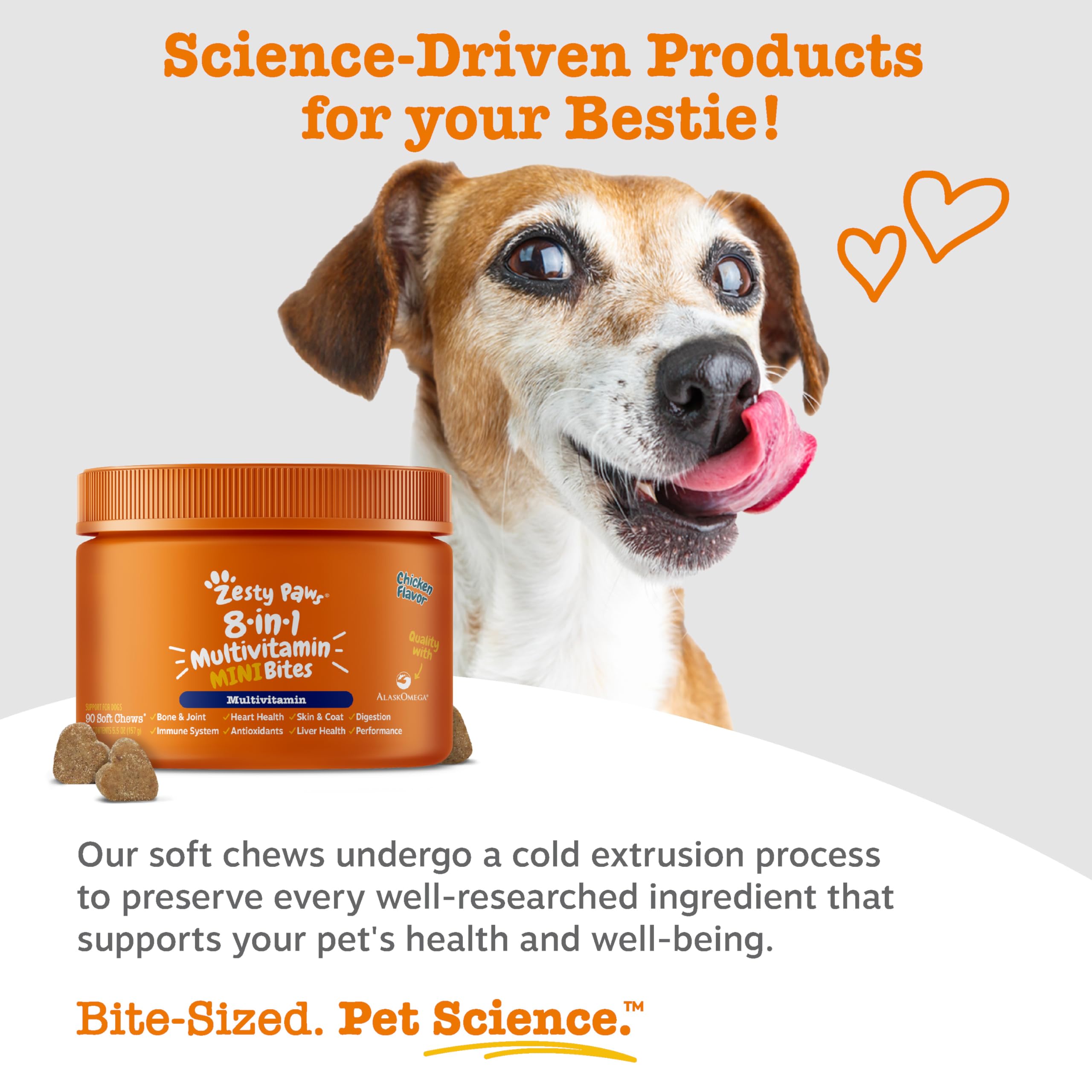 Six-strain gut health blend supports digestion in Zesty Paws bites.