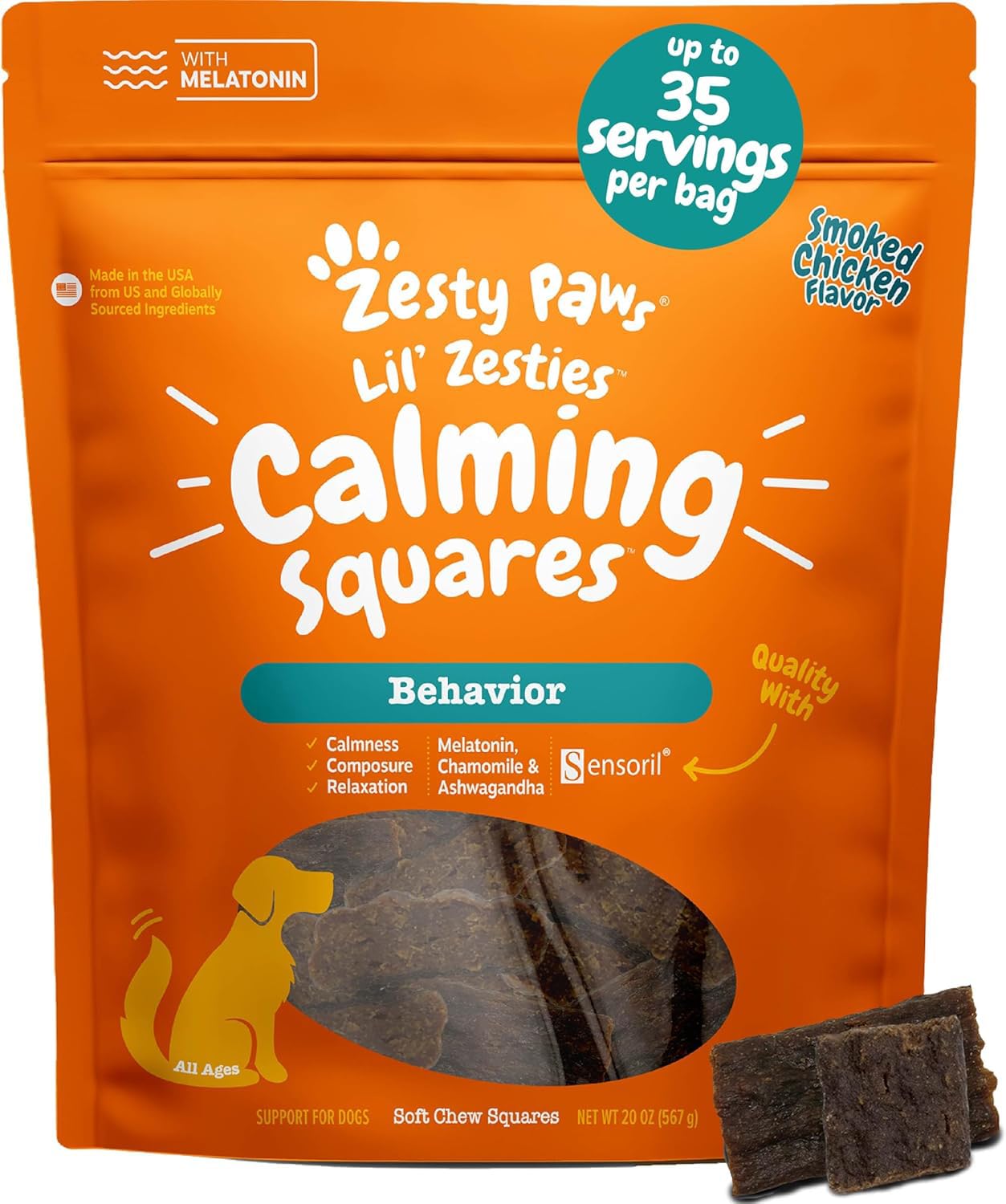 Zesty Paws Flavored Soft Chews bottle label promoting stress relief for dogs.