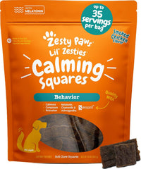 Zesty Paws Flavored Soft Chews bottle label promoting stress relief for dogs.