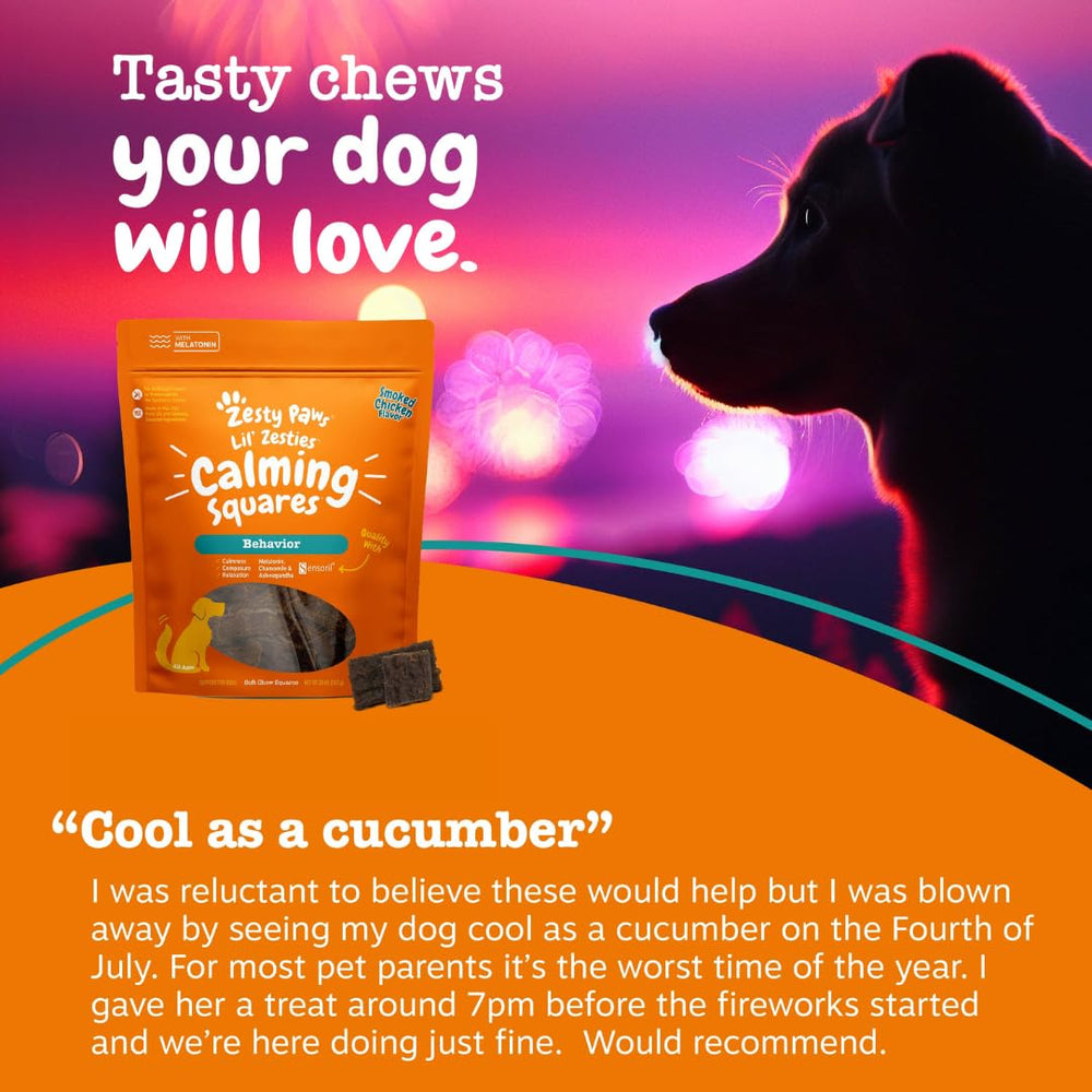 Happy dog after taking Zesty Paws Flavored Soft Chews looking relaxed.