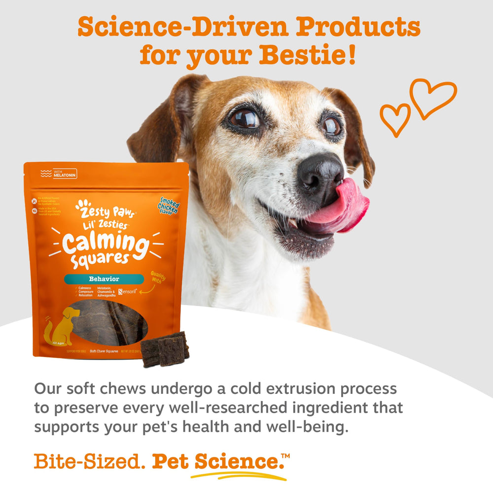 Passionflower imagery with Zesty Paws Flavored Soft Chews indicating relaxation.