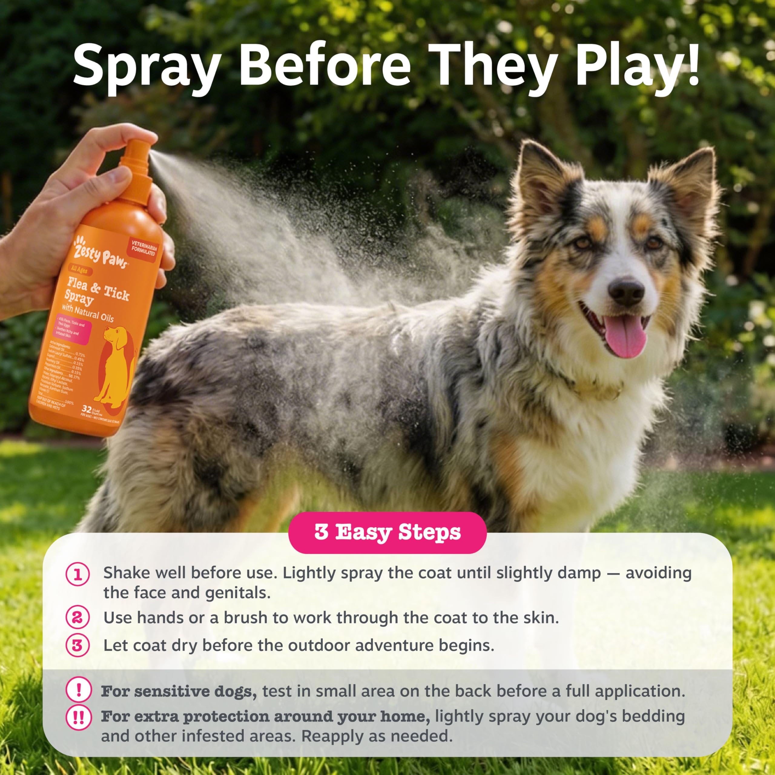 Zesty Paws Flea Tick Spray application showing even mist.