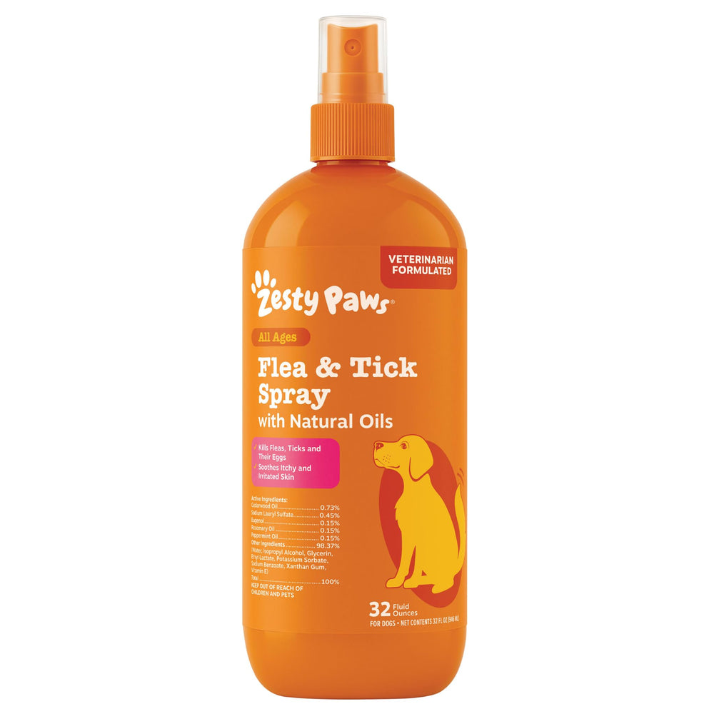 Zesty Paws flea tick spray bottle for dogs showing vet-formulated protection against fleas and ticks.