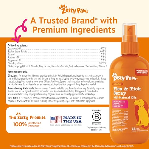 Zesty Paws spray targets fleas, ticks, and their eggs for comprehensive protection.