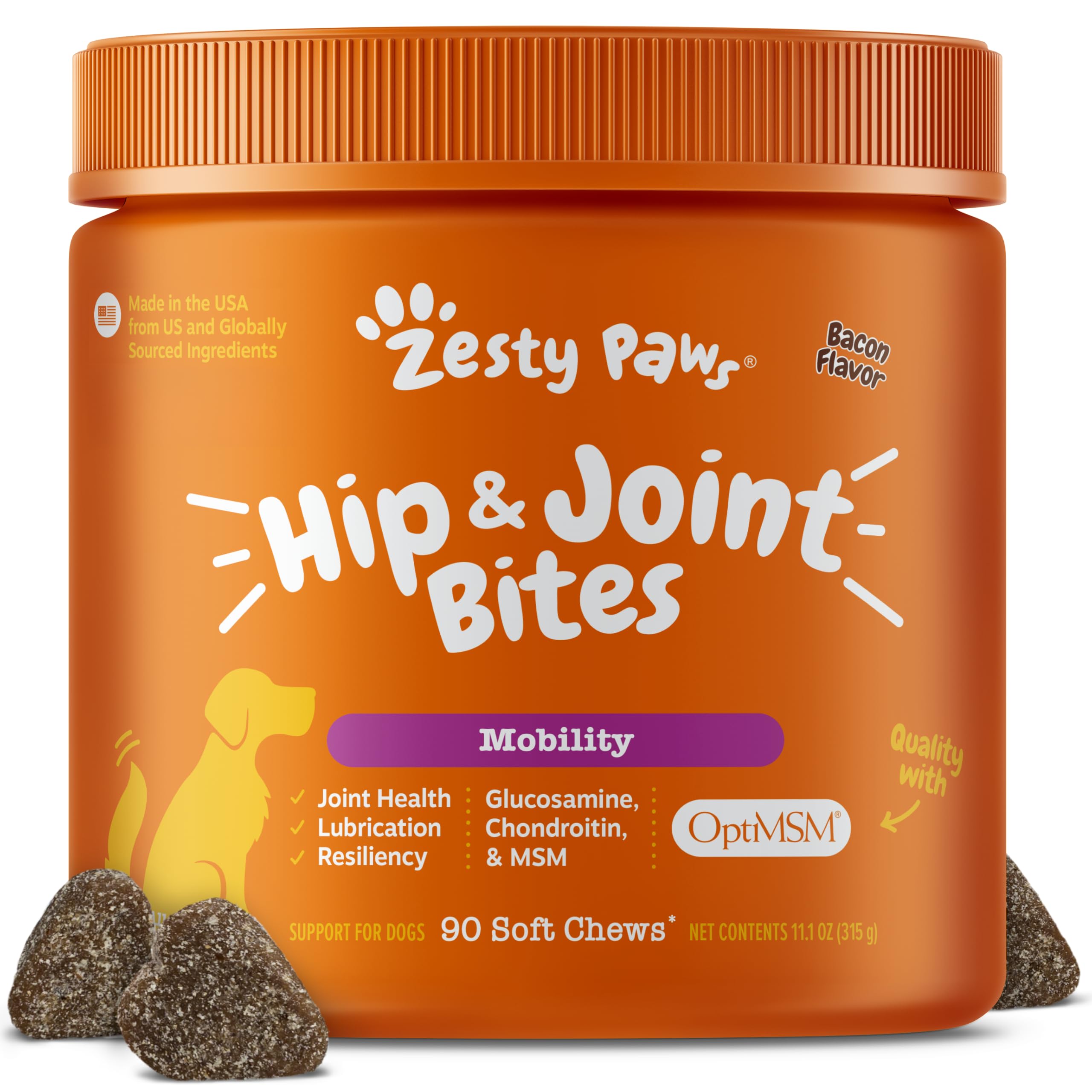 Zesty Paws Hip and Joint bottle shows premium bacon-flavored chews for dogs.