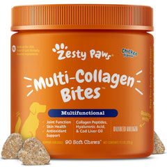 Zesty Paws Multi Collagen pack shot showing dog-friendly chicken flavor for daily use