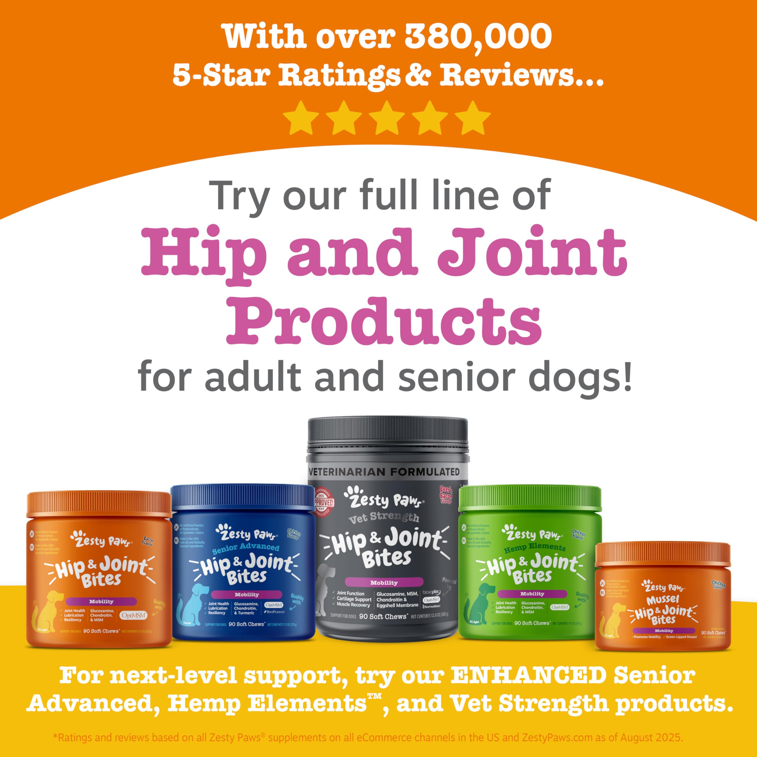 Zesty Paws label highlights glucosamine and chondroitin on packaging.