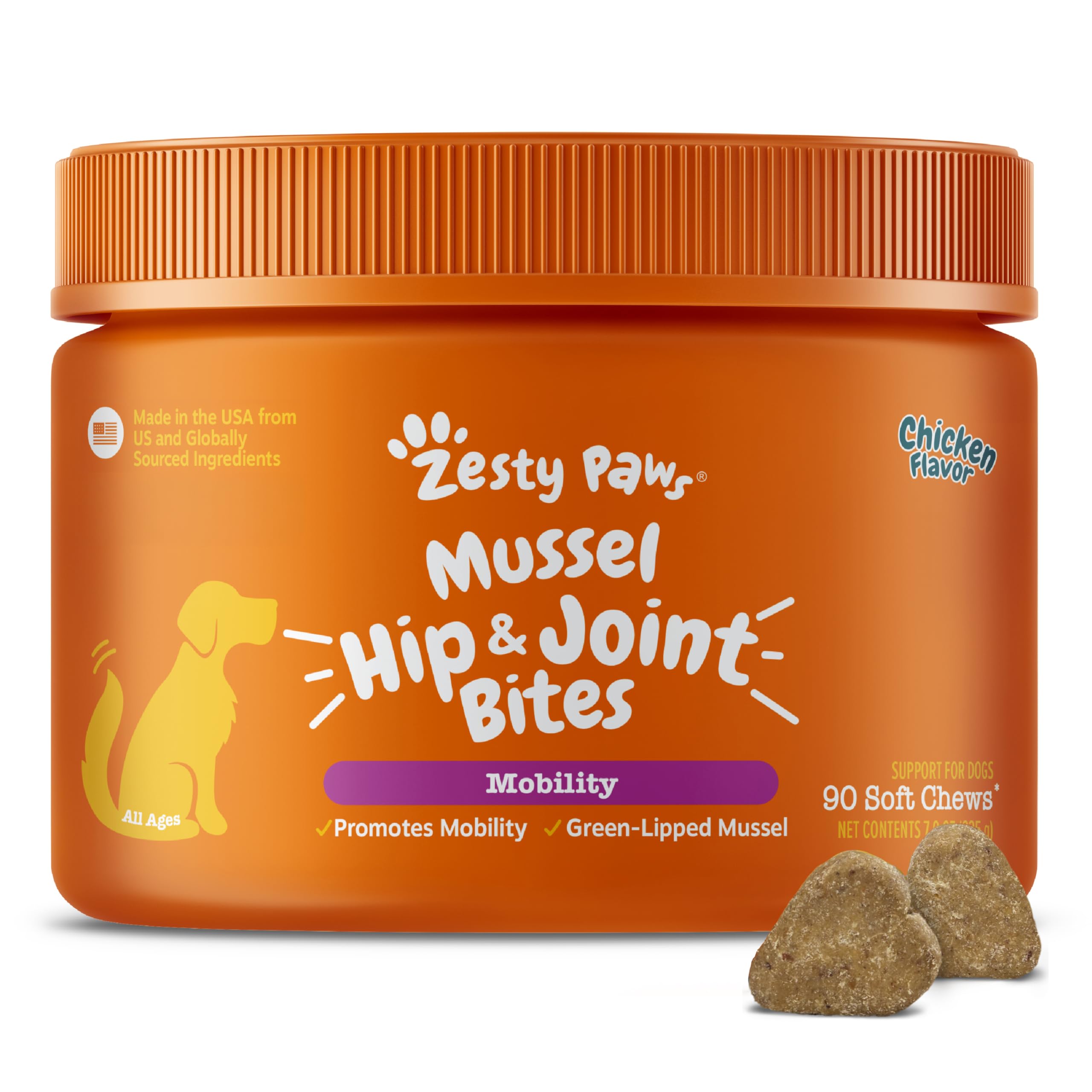 Zesty Paws Mussel Mobility Bites packaging shows the 90-count bottle for easy dosing.