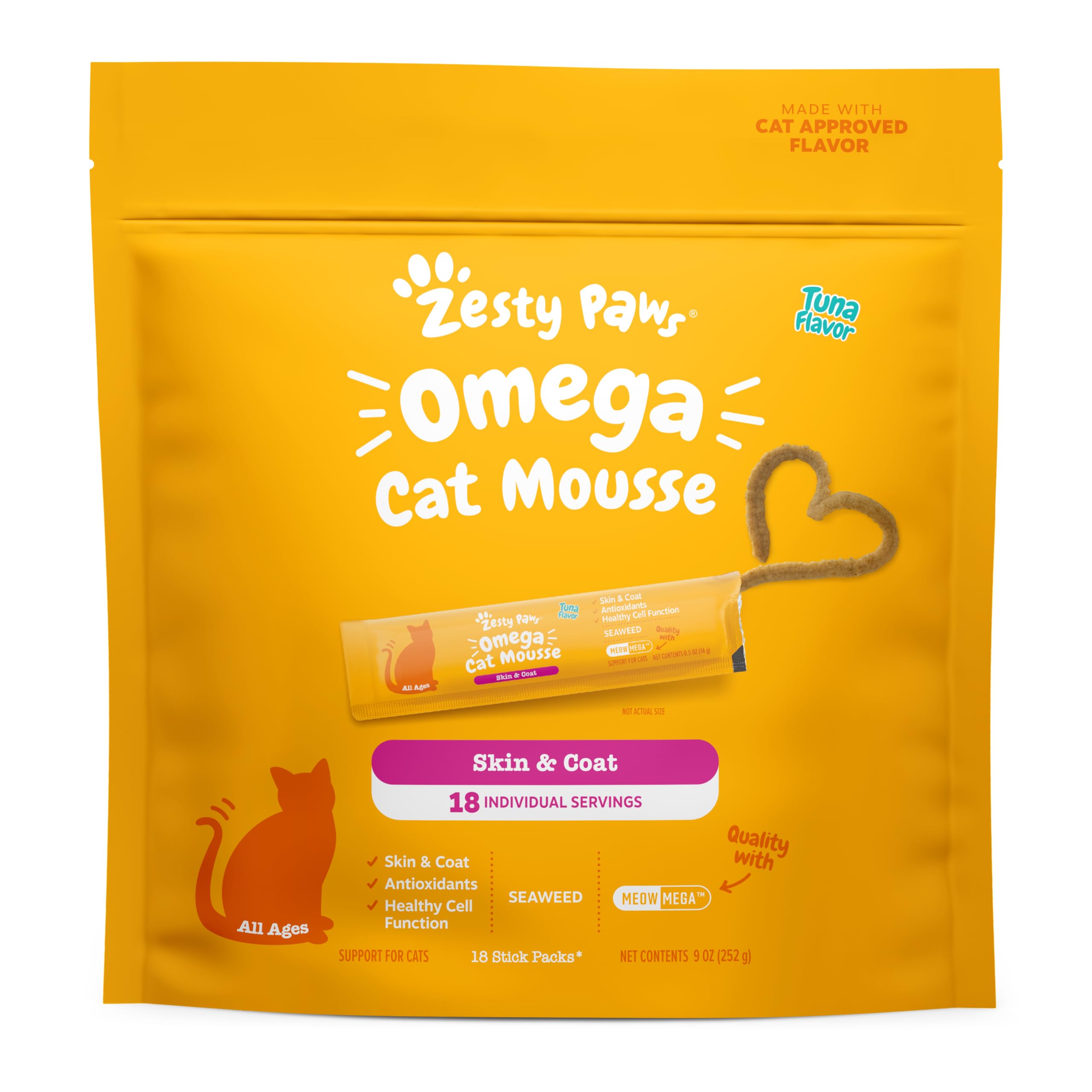 Zesty Paws Omega Cat Mousse tuna tube shows squeezable texture for easy feeding.