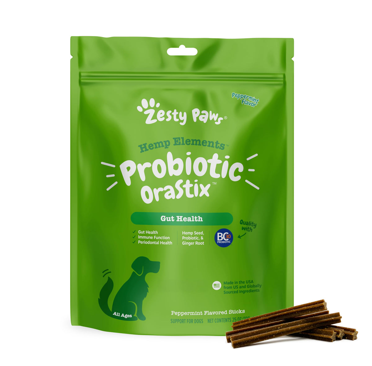 Zesty Paws OraStix dog probiotic sticks for balanced gut function and immune support.