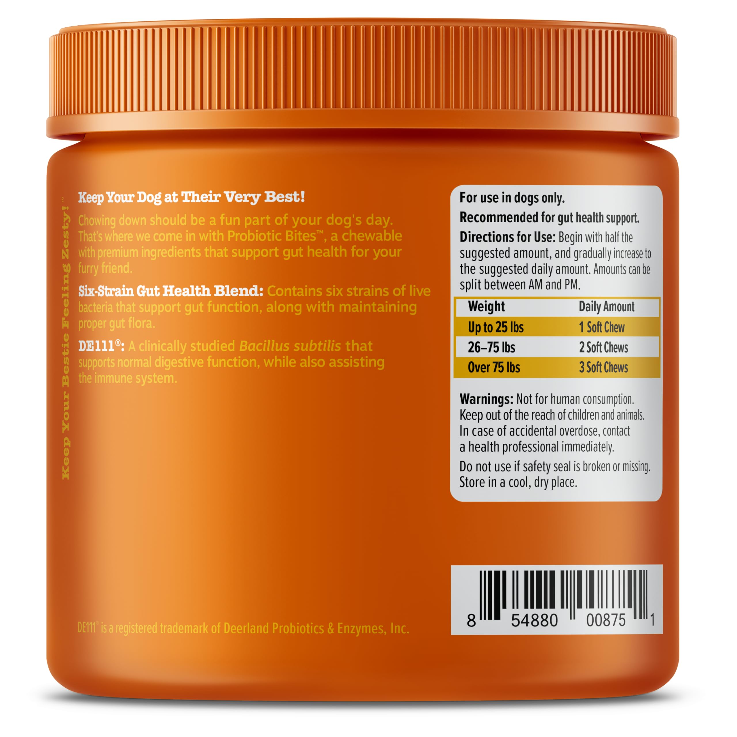 Zesty Paws 3 billion CFU per chew highlights immune and gut balance potential.