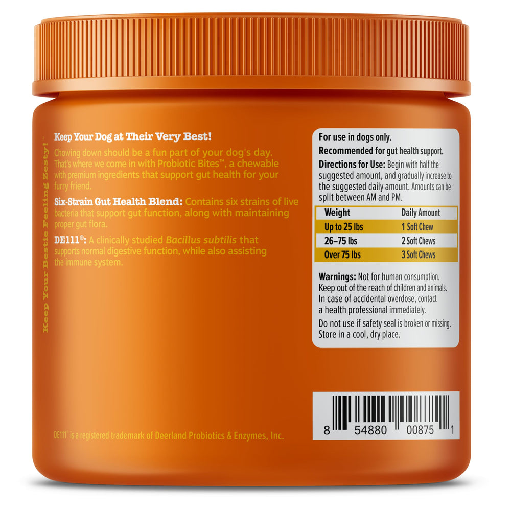 Zesty Paws 3 billion CFU per chew highlights immune and gut balance potential.