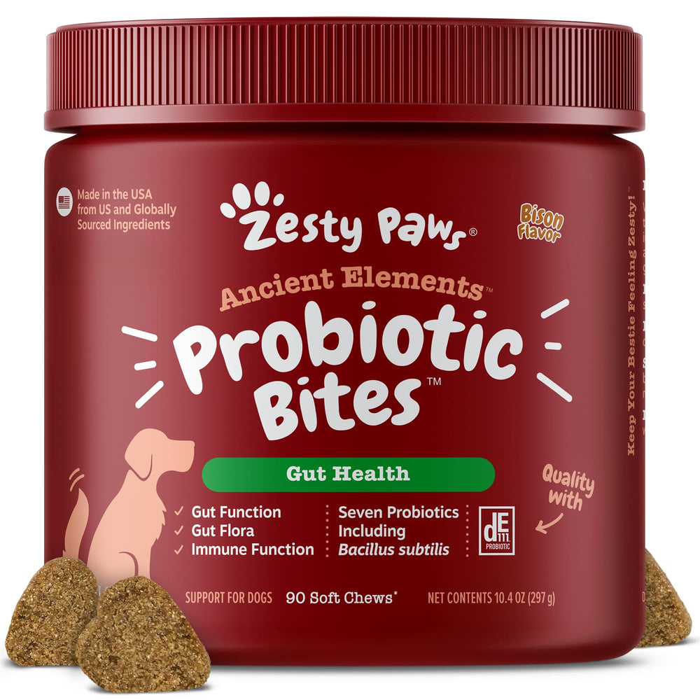 Zesty Paws Probiotics bottle and chews promoting digestive balance.