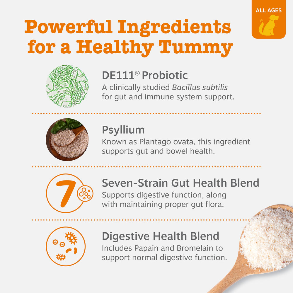 Bottle side highlighting DE111 probiotic and six-strain gut health blend.