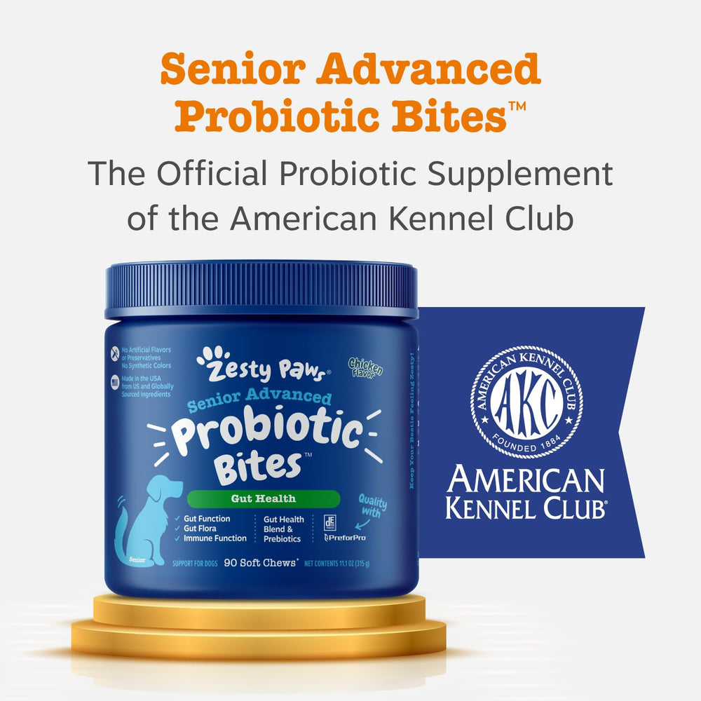 Zesty Paws daily use probiotic chews for ongoing gut health.
