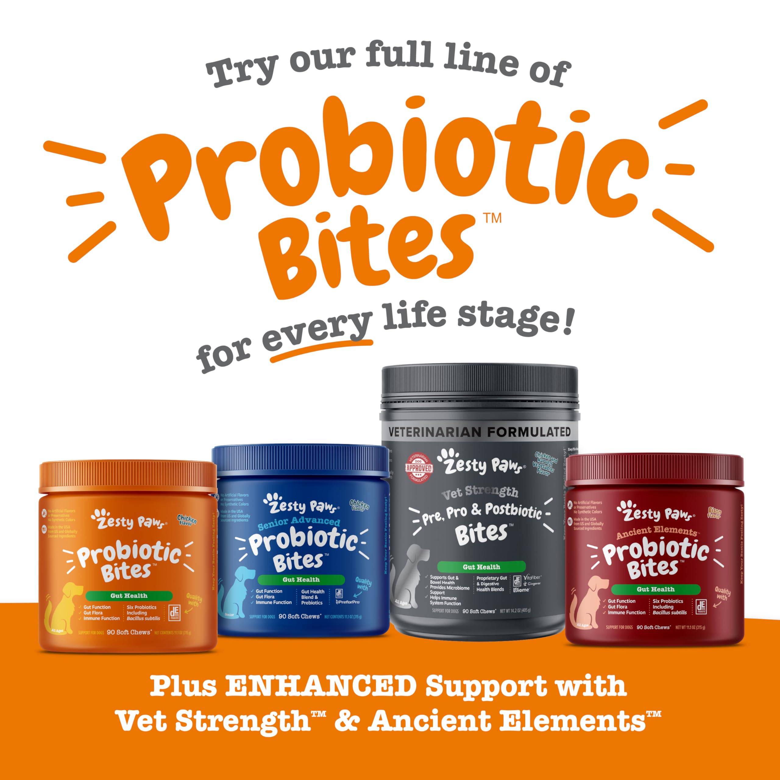 Zesty Paws digestive health chews suitable for dogs of all sizes.