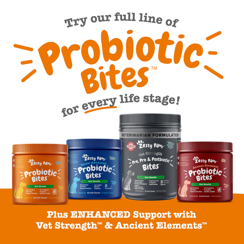 Zesty Paws digestive health chews suitable for dogs of all sizes.