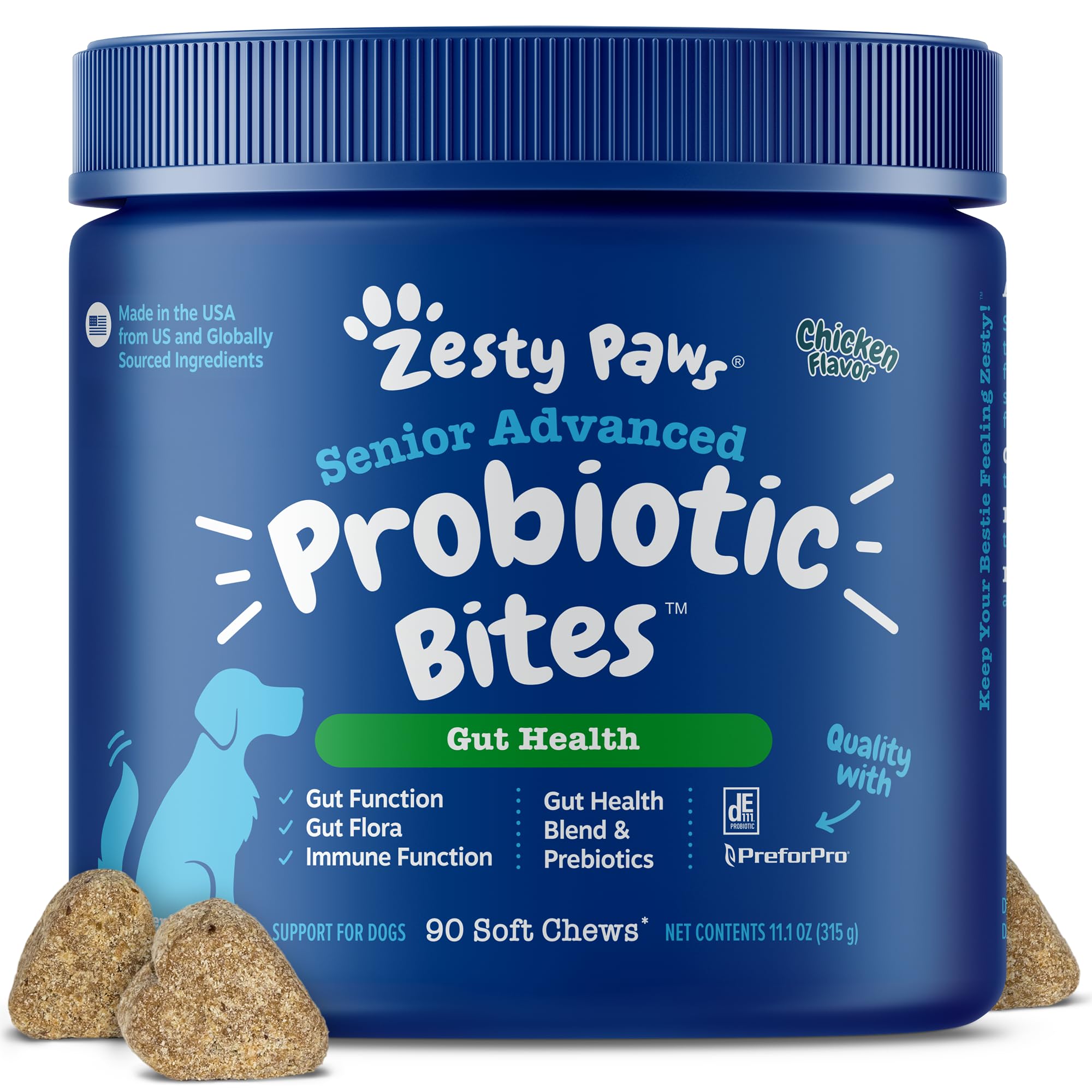 Zesty Paws Probiotics for Dogs soft chew bottle showing convenient packaging and gut support.