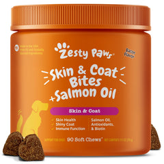 Zesty Paws Salmon Oil bottle pour for easy daily dosing.