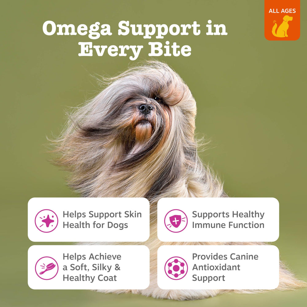 Zesty Paws Salmon Oil drops closeup highlighting omega-3 richness for coats.