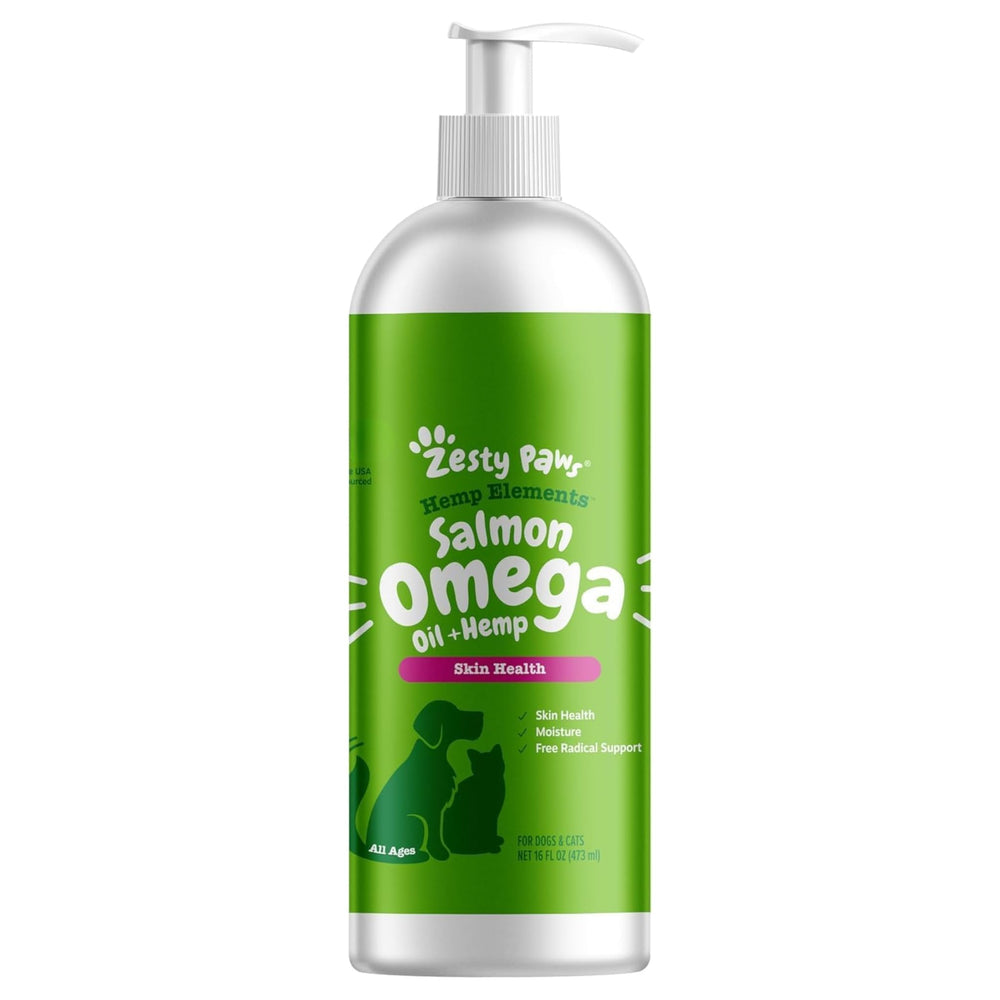 Zesty Paws Salmon Omega Oil Hemp bottle shown for skin moisture support in pets