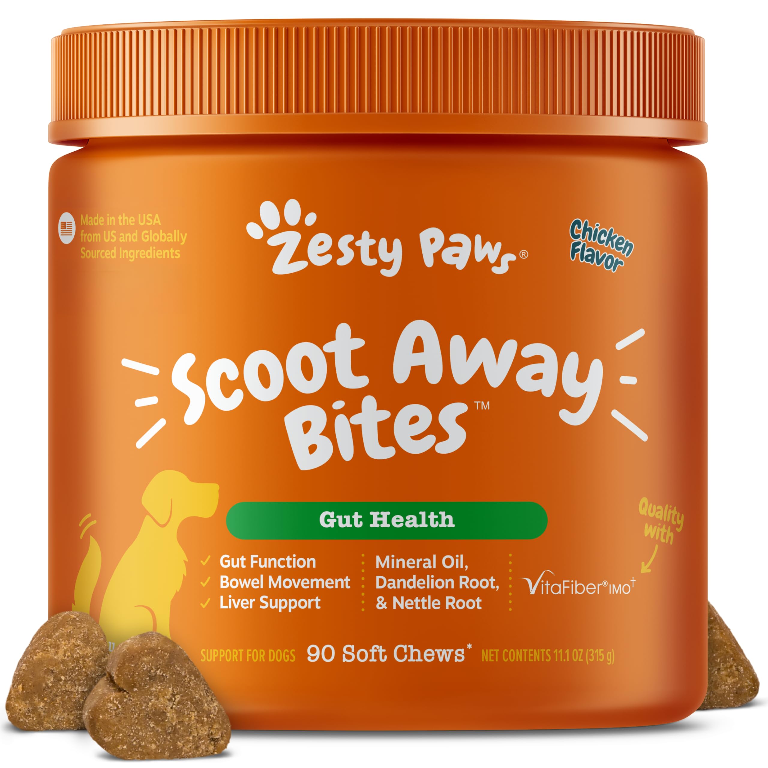 Zesty Paws Scoot Away soft chews bottle shown for digestive support