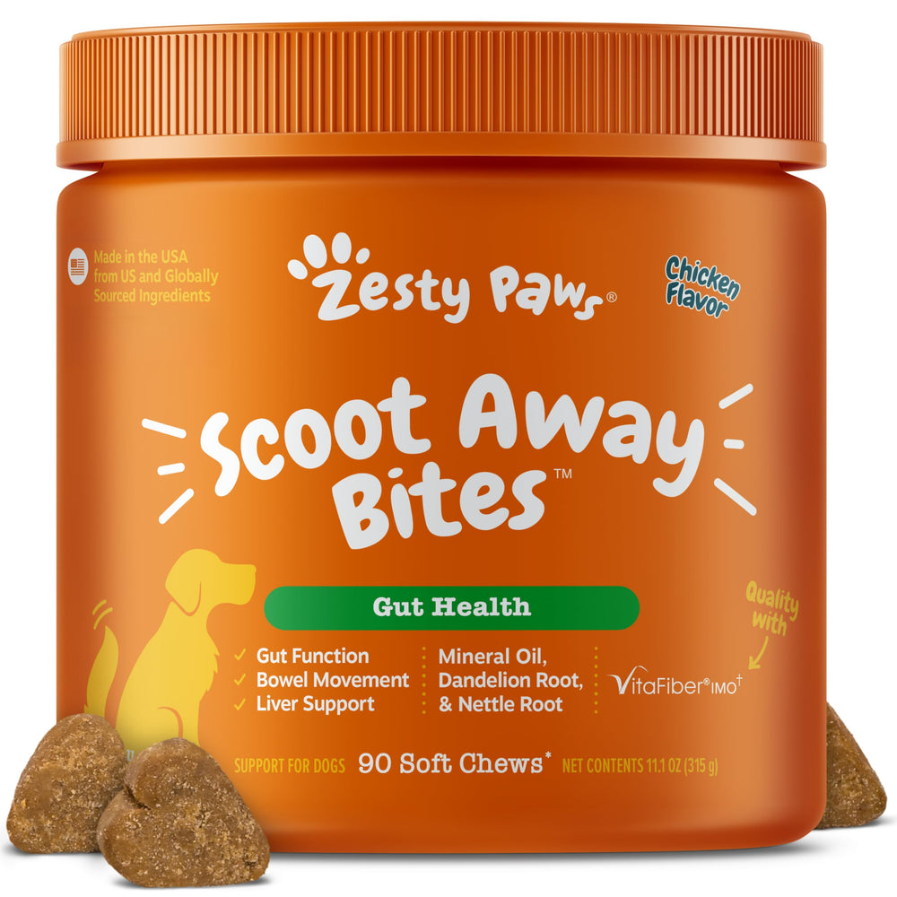 Zesty Paws Scoot Away soft chews bottle shown for digestive support