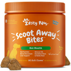 Zesty Paws Scoot Away soft chews bottle shown for digestive support
