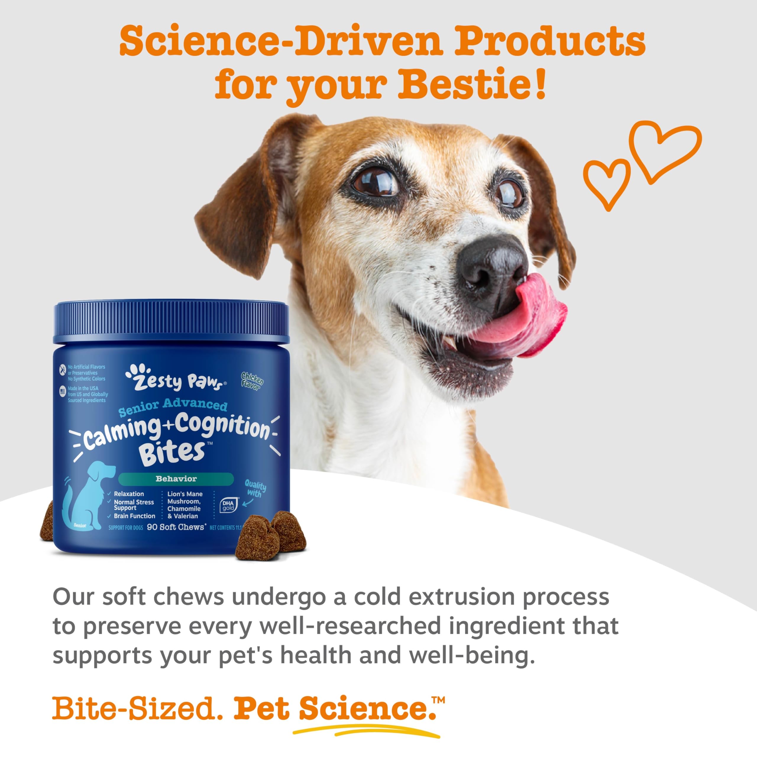 Zesty Paws dog enjoying car ride with calm, chew-based support